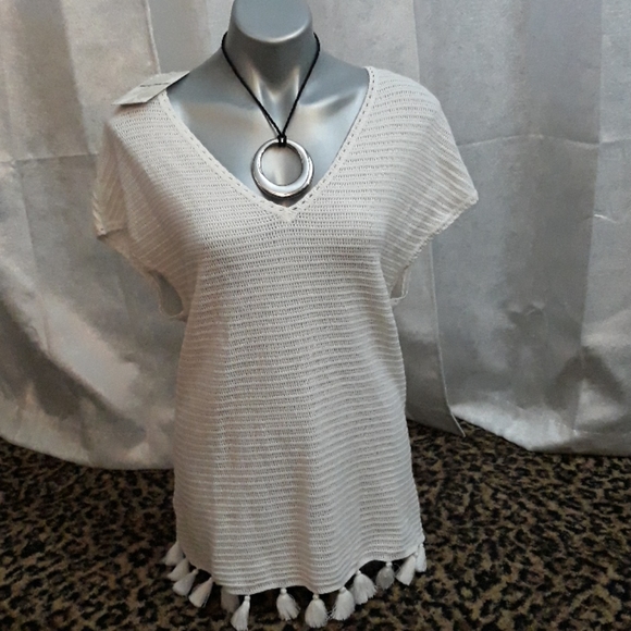 Tommy Bahama White Linen Cotton Knit Sweater V Neck Tunic Tassels Womens M Shirt - Picture 5 of 9